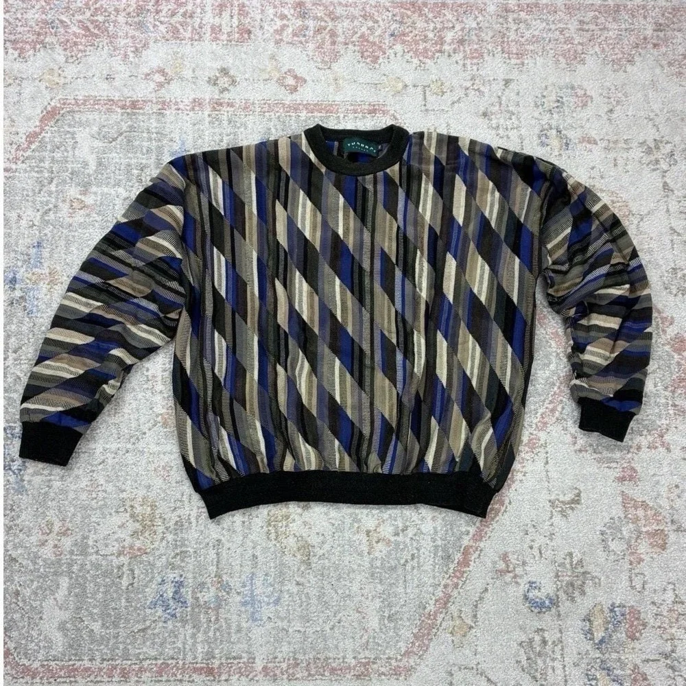 VTG 90s Tundra Canada 3D Knit Sweater Men XXL Coogi Style Geometric Textured